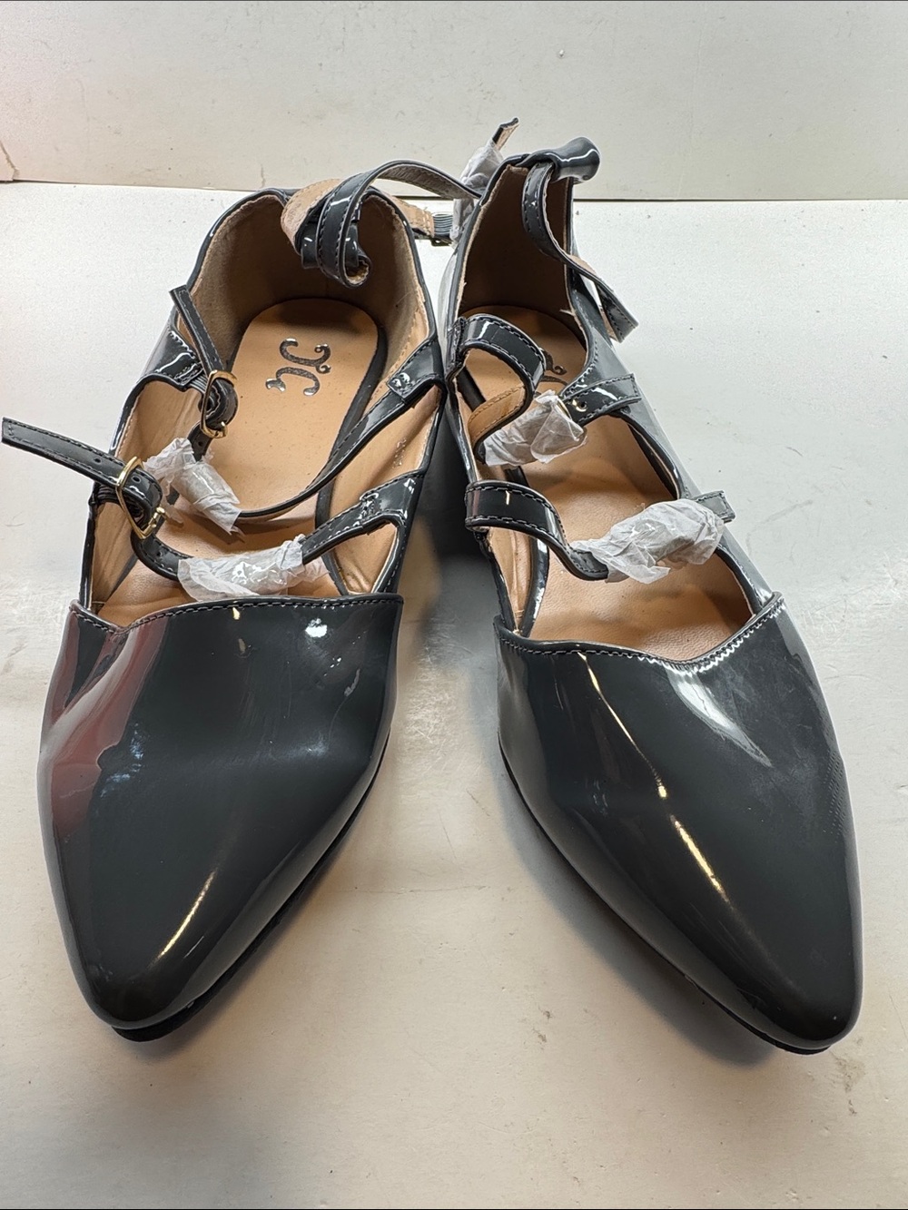 Patent Pointed-Toe Strappy Flats in Dark Gray - Unbranded